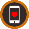 a circular icon with an orange outline, the center of which shows a smart phone with a heart in the center of its screen