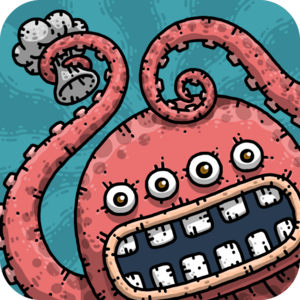 image of a cartoonish octopus with four eyes and human-like teeth grinning at the viewer while holding a small chef's hat in one of its tentacles