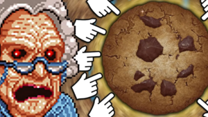 a very wrinkly, pixelated grandma figure with glowing red eyes and no teeth balks at the viewer on the left side of the image; on the right, a giant chocolate chip cookie is surrounded by a ring pointing-hand cursors