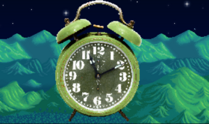 an image of an old-school alarm clock superimposed over the night time SdV mountain background
