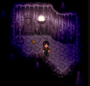 image of a farmer standing at the inner entrance of Skull Cavern retextured in a soothing dark palette
